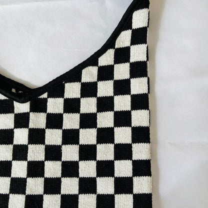 Black & Withe Plaid Color Block Knit Tote Shoulder Bag