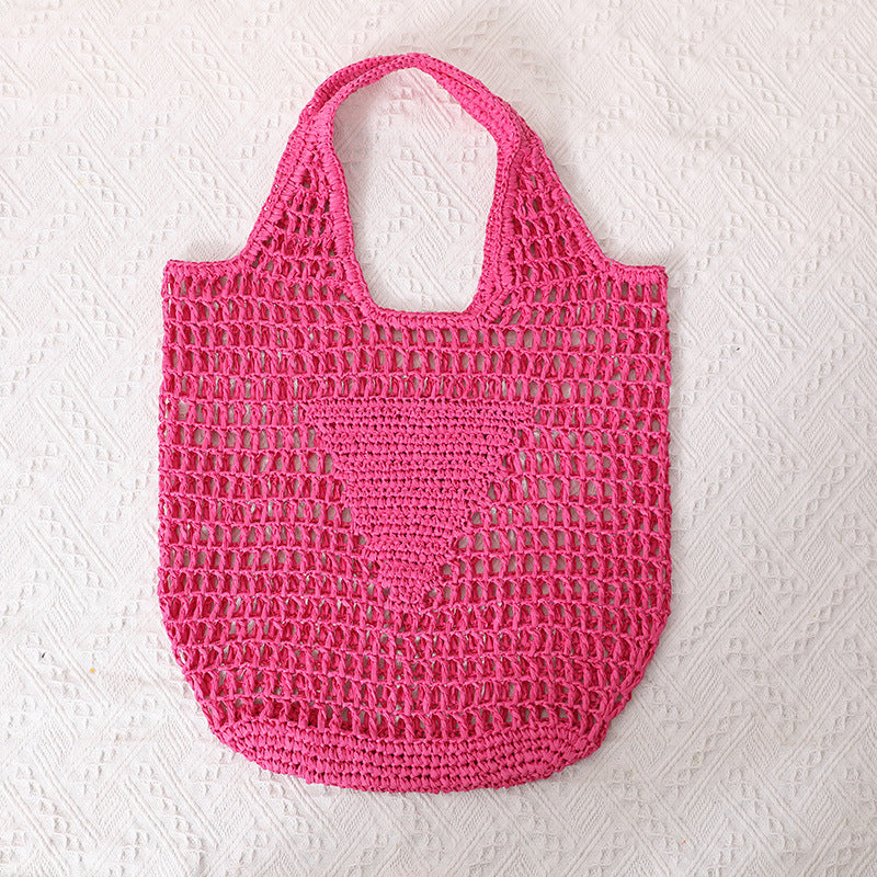 Solid Color Hollow Out Woven Handbag