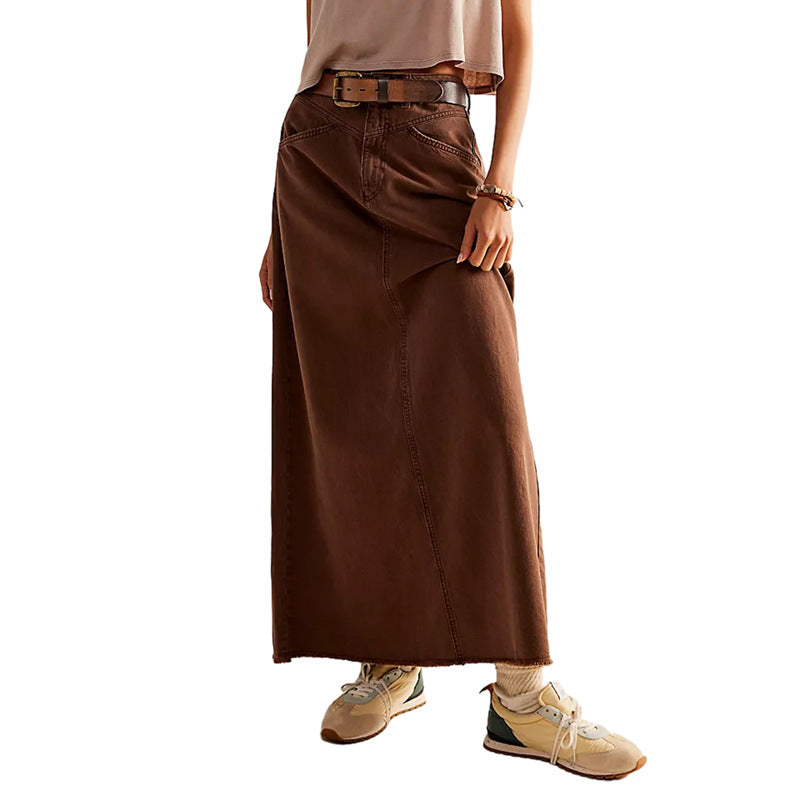 Washed Raw Hem Casual Denim Maxi Skirts