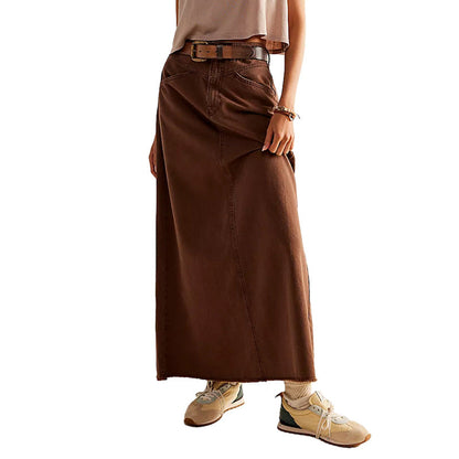 Washed Raw Hem Casual Denim Maxi Skirts