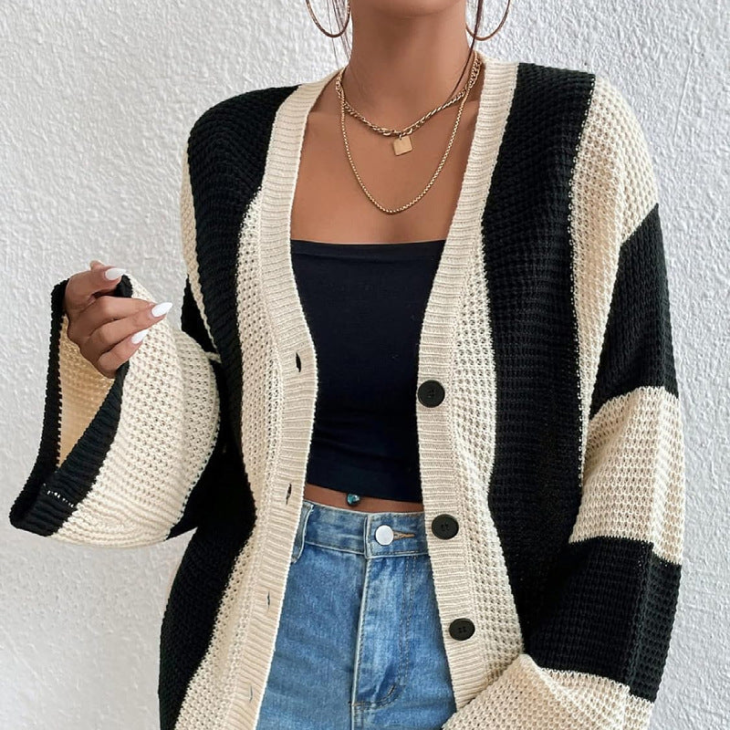 Striped Color Block Flare Sleeves Knit Cardigan