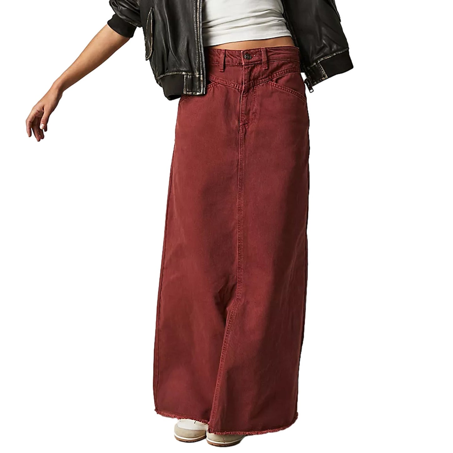 Washed Raw Hem Casual Denim Maxi Skirts