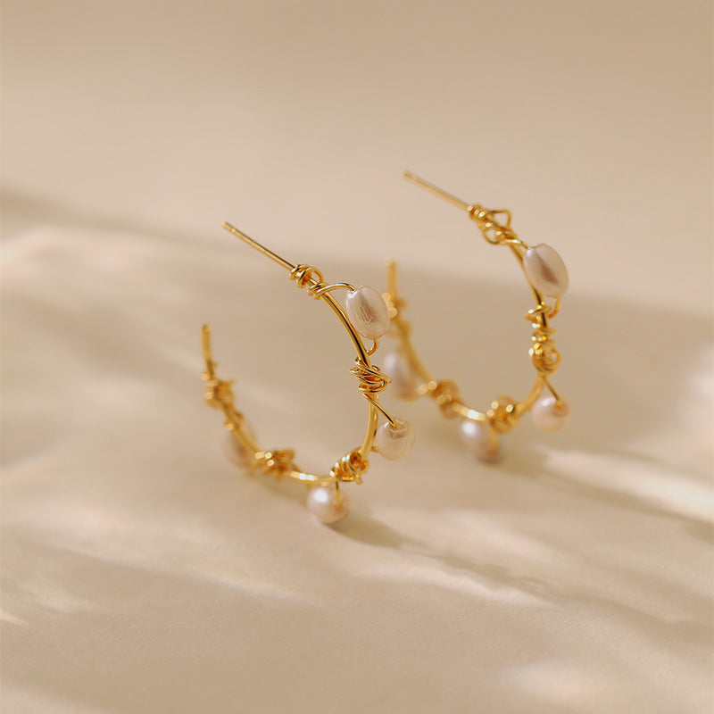 Elegant Pearl Wire Wrapped Hoop Earrings