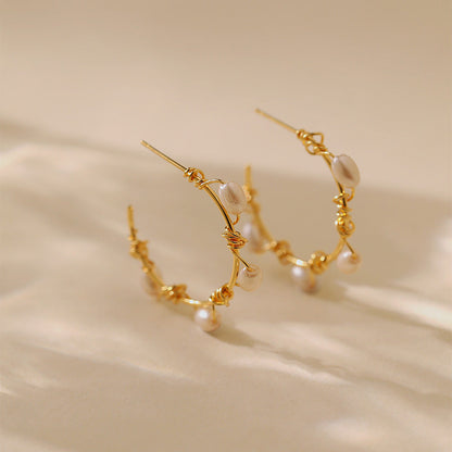 Elegant Pearl Wire Wrapped Hoop Earrings