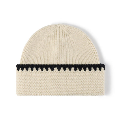 Minimalist Textured Cuffed Contrast Trim Knit Beanie