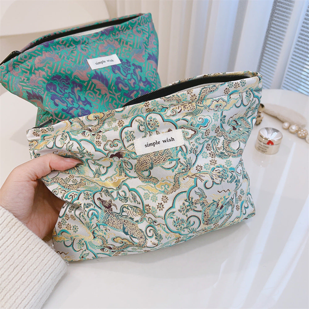 Elegant Jacquard Portable Zipper Cosmetic Bag