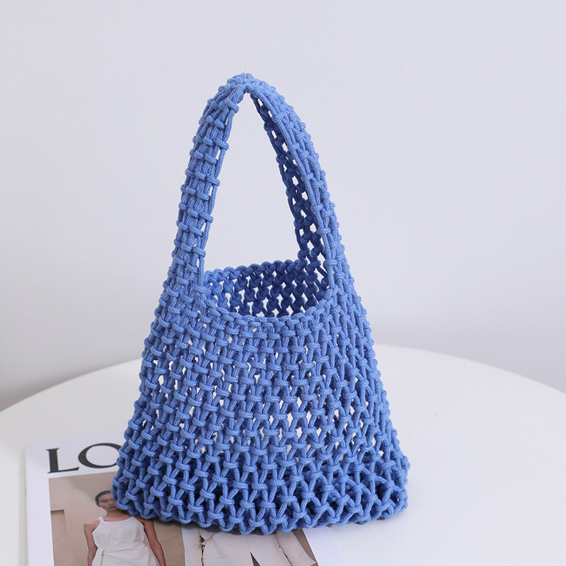 Solid Color Hollow Out Woven Handbag