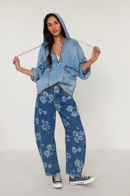 Flower Print Loose Midi Waist Jeans