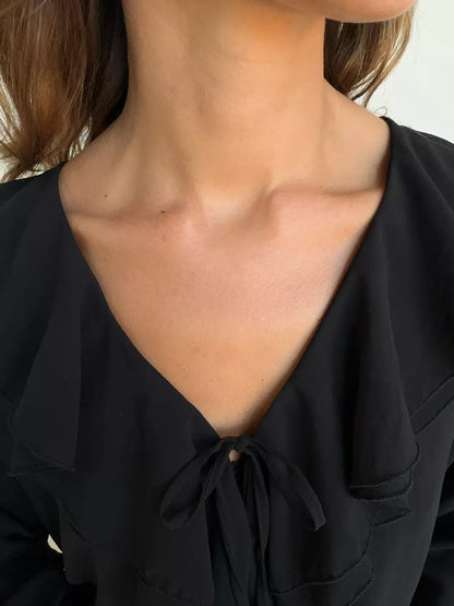 Ruffle V-Neck See Through String Tops