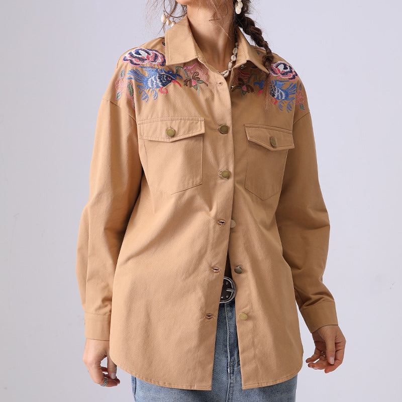 Trendy Embroidered Lapel Collar Long Sleeve Top