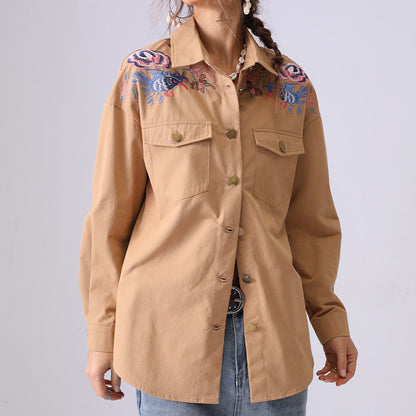 Trendy Embroidered Lapel Collar Long Sleeve Top