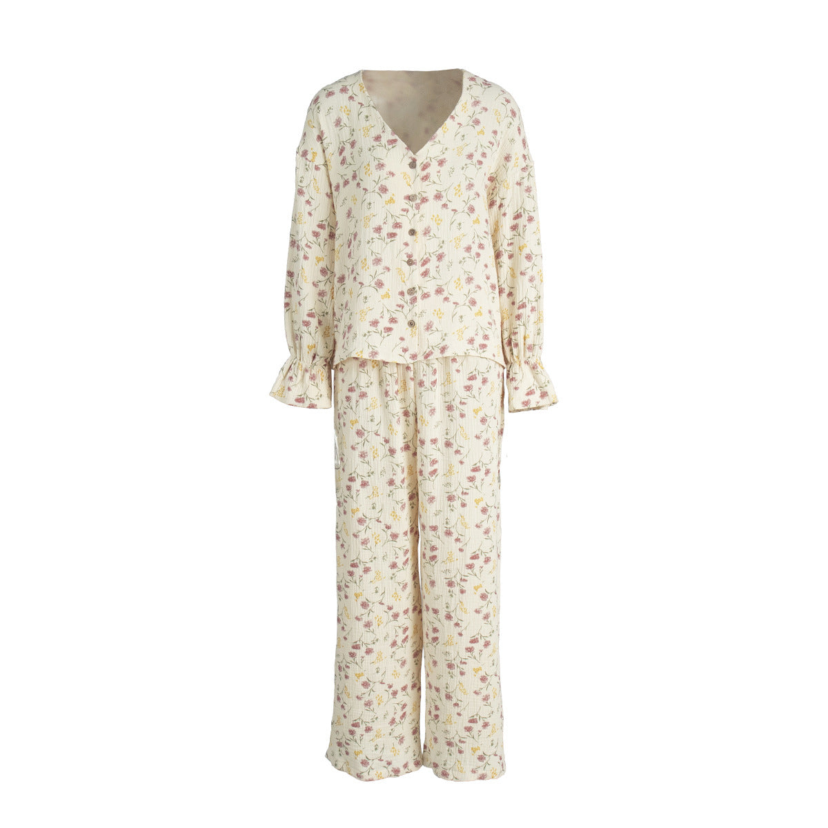 Floral Print V-Neck Button Up Pajamas Set