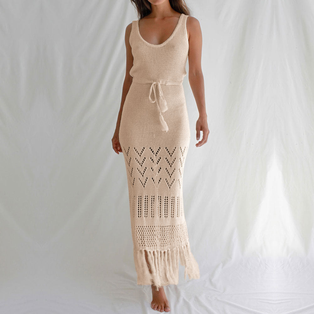 Solid Color Hollow Out Tassel Dress Cover Up