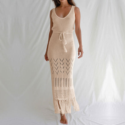 Solid Color Hollow Out Tassel Dress Cover Up