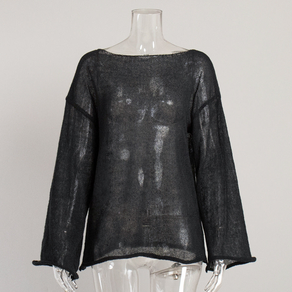 Solid Color See Through Flare Sleeves Knit Top