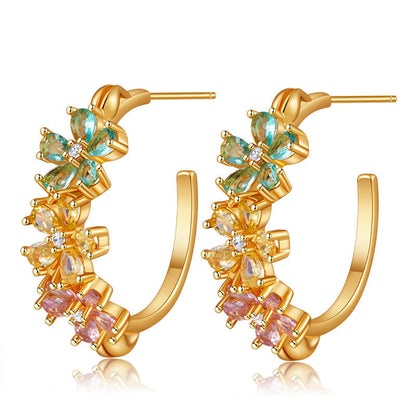 Flower Zircon Delicate C-Shaped Stud Earrings