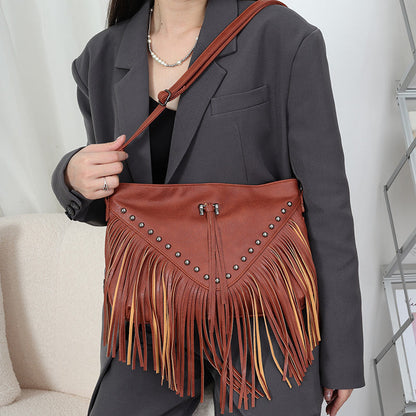 Simple Studded Tassel Shoulder Bag