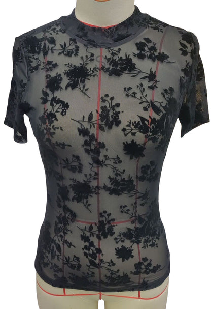 Print Short Sleeves Mesh Slim Top