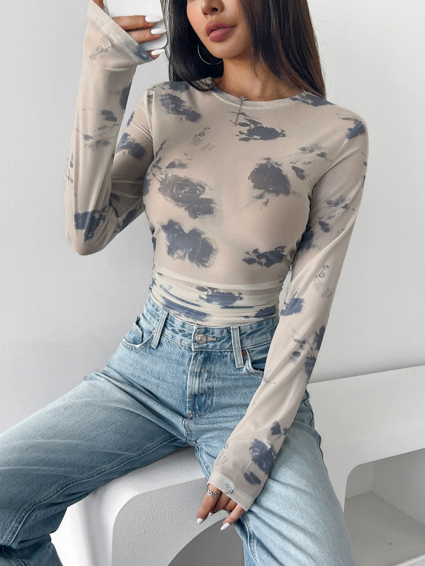 Flower Print Mesh Pleated Slim Short Top