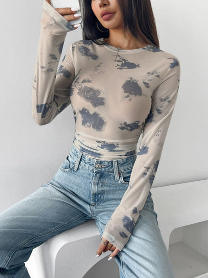 Flower Print Mesh Pleated Slim Short Top