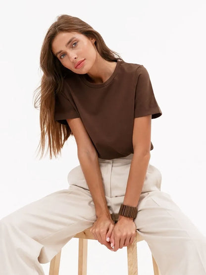 Solid Color Round Neck Loose Short Sleeves Top