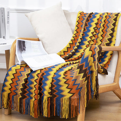 Boho Tassel Knit Color Block Throw Blanket
