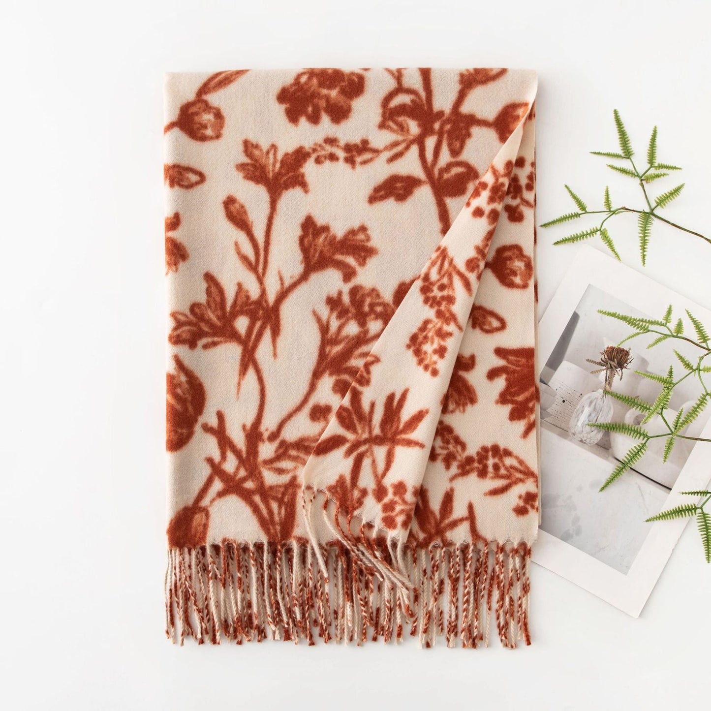 Floral Print Soft Fringed Thick Scarf