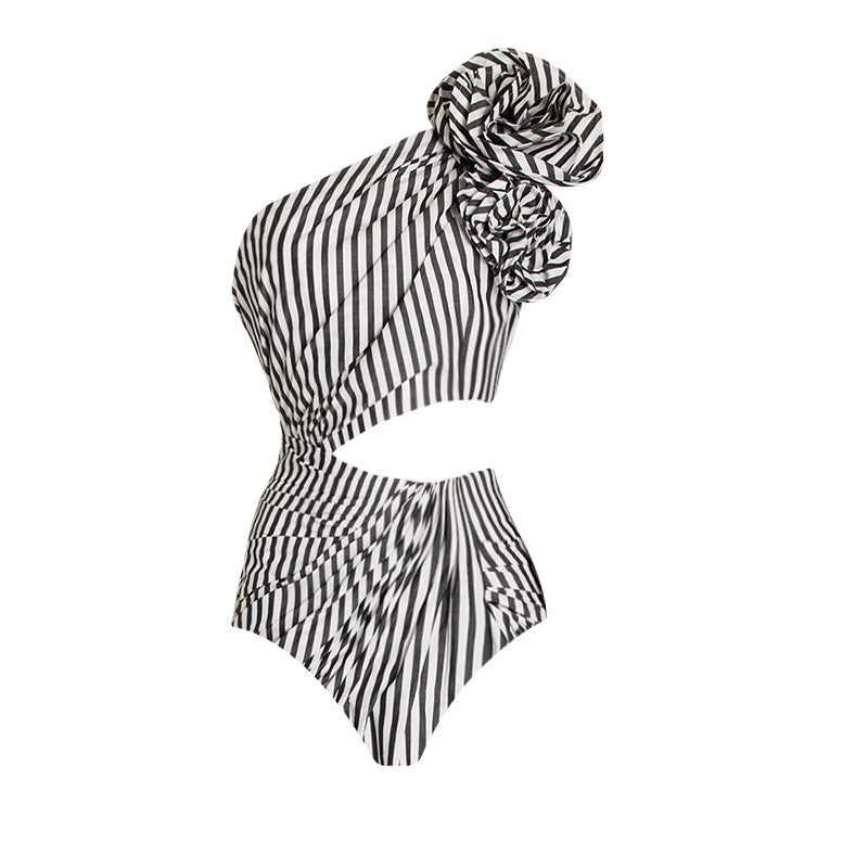 Striped Flower Swimwear With Reffle Cover