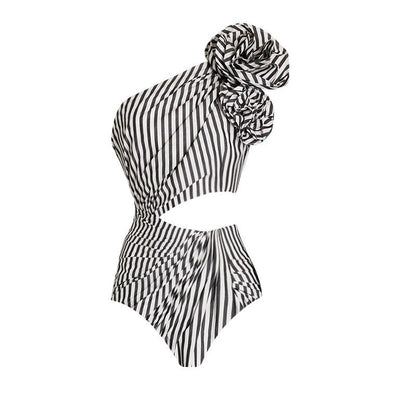 Striped Flower Swimwear With Reffle Cover