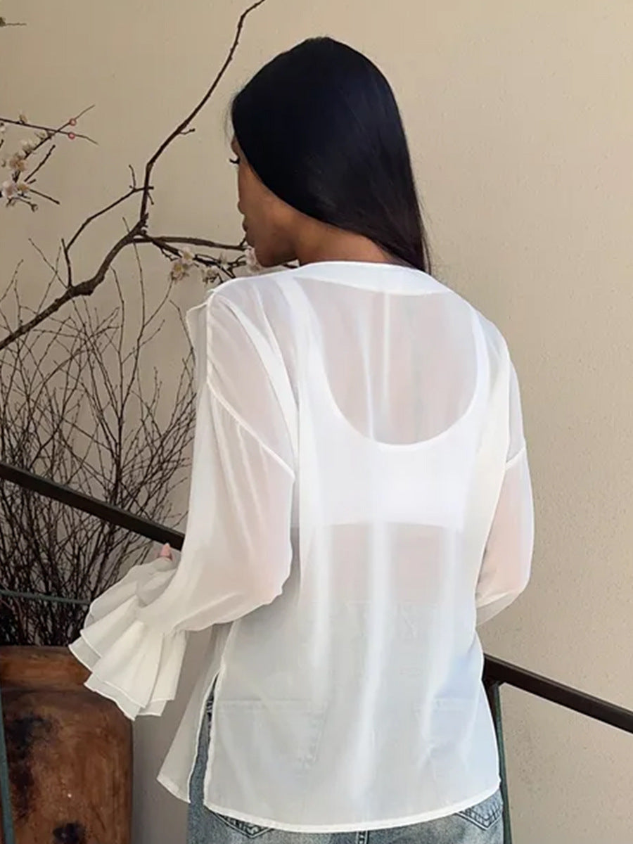 Ruffle V-Neck See Through String Tops