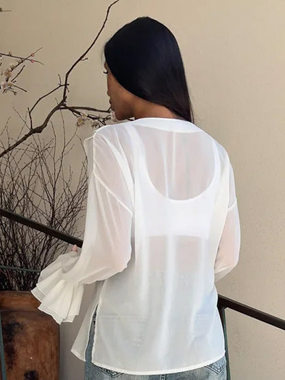 Ruffle V-Neck See Through String Tops