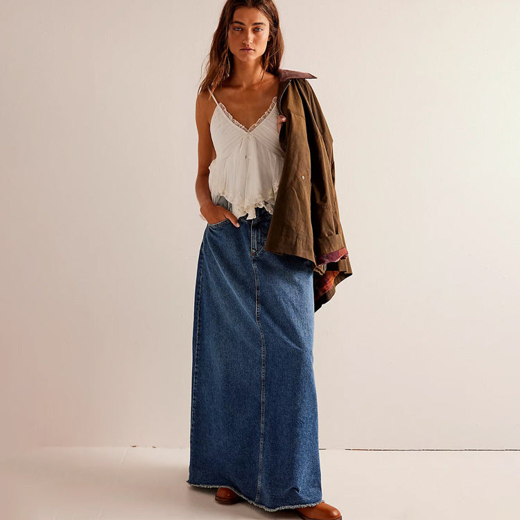 Washed Raw Hem Casual Denim Maxi Skirts