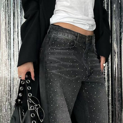 Distressed Washed Rhinestone Loose Jeans