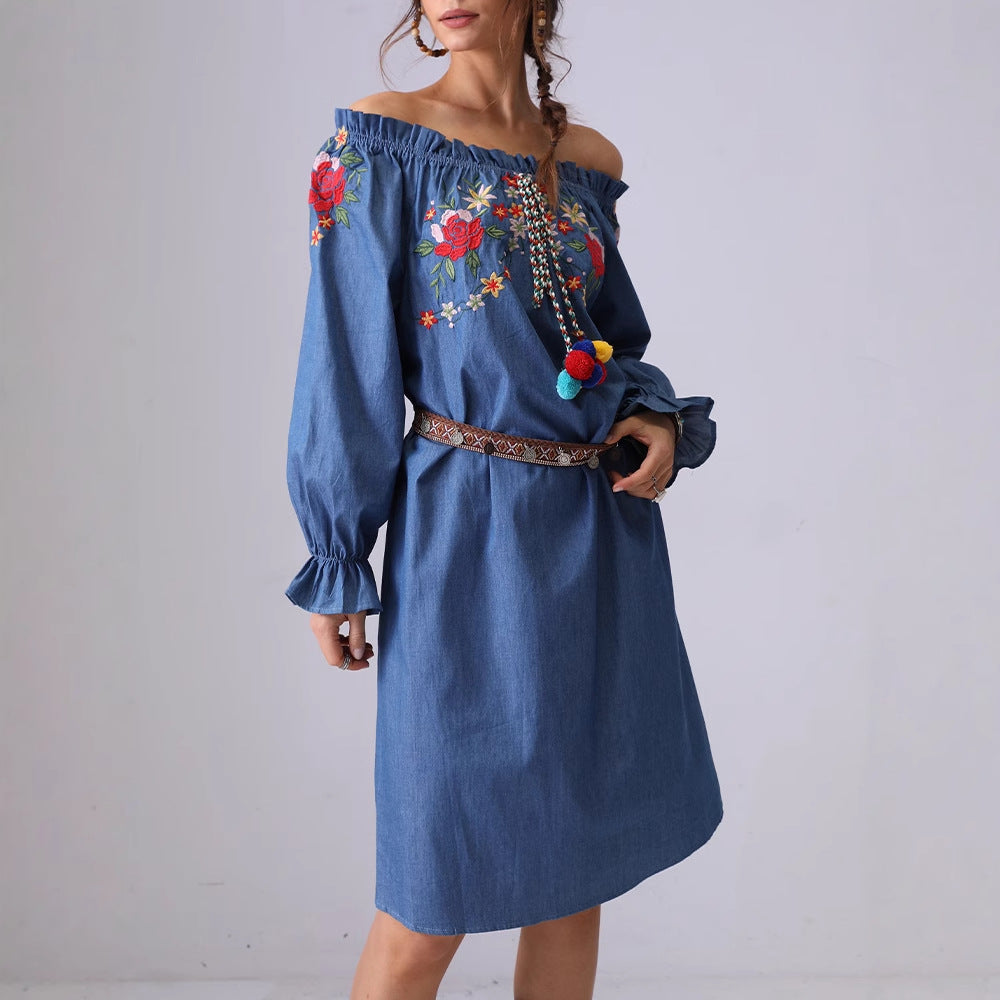 Off Shoulder Flower Embroidered Mid Denim Dress