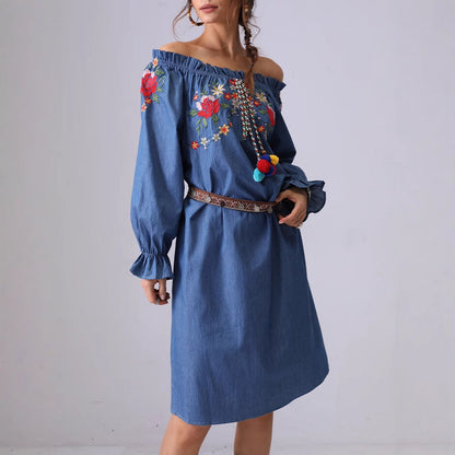 Off Shoulder Flower Embroidered Mid Denim Dress