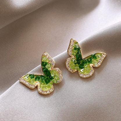 Green Rhinestone Butterfly Elegant Stud Earrings
