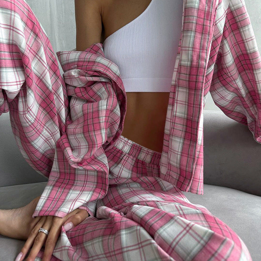 Plaid Long Sleeve Shirt and Pants Sets