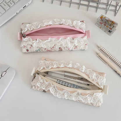 Lace Trim Cotton Quilted Pencil Pouch