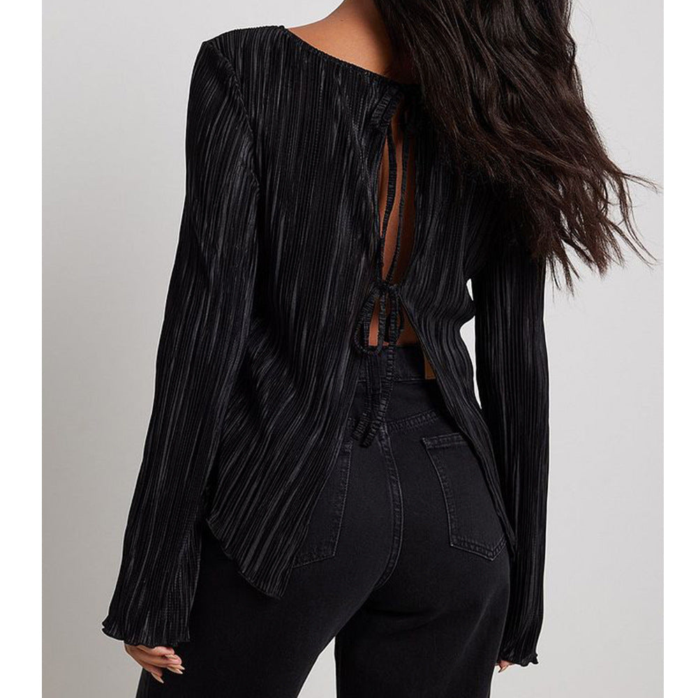Elegant Ruched Flared Sleeve Back-Tie Top
