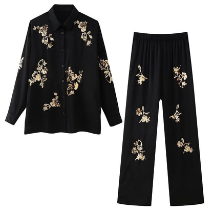 Sequin Embroidered Casual Shirt Pants Set