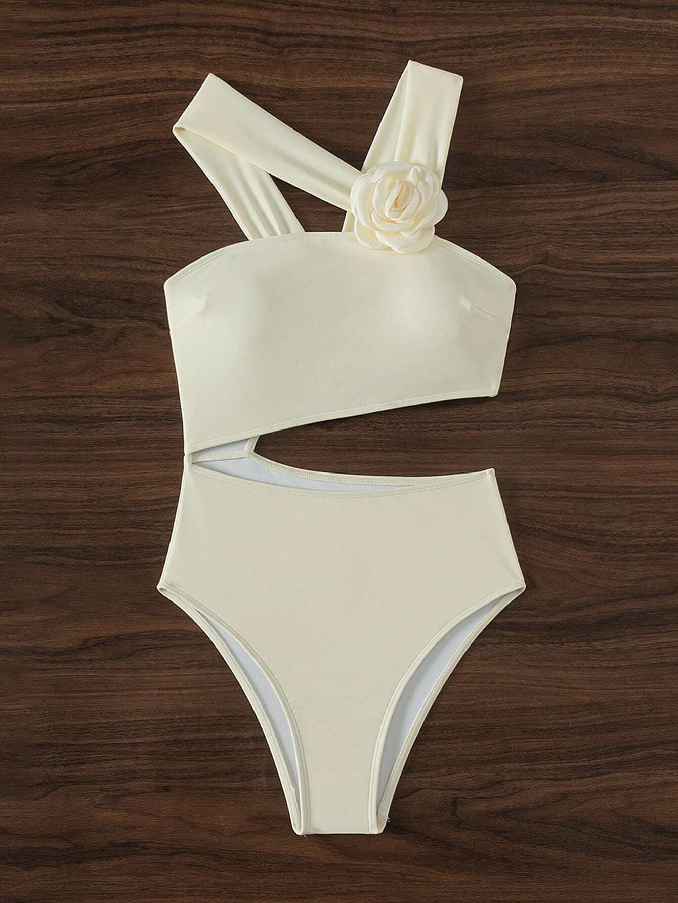 White Flower Solid Color One Piece Swimwear