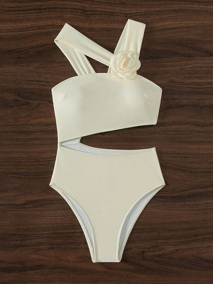 White Flower Solid Color One Piece Swimwear