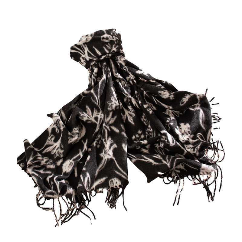 Floral Print Soft Fringed Thick Scarf