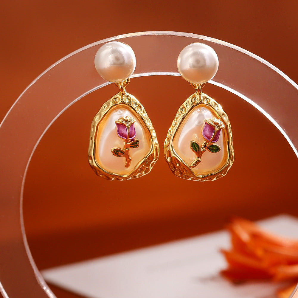 Trendy Baroque Pearl Rose Dangle Stud Earrings