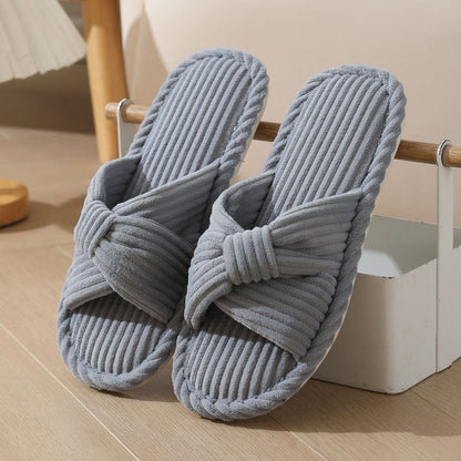 Cozy Corduroy Crossed Bow Indoor Slippers