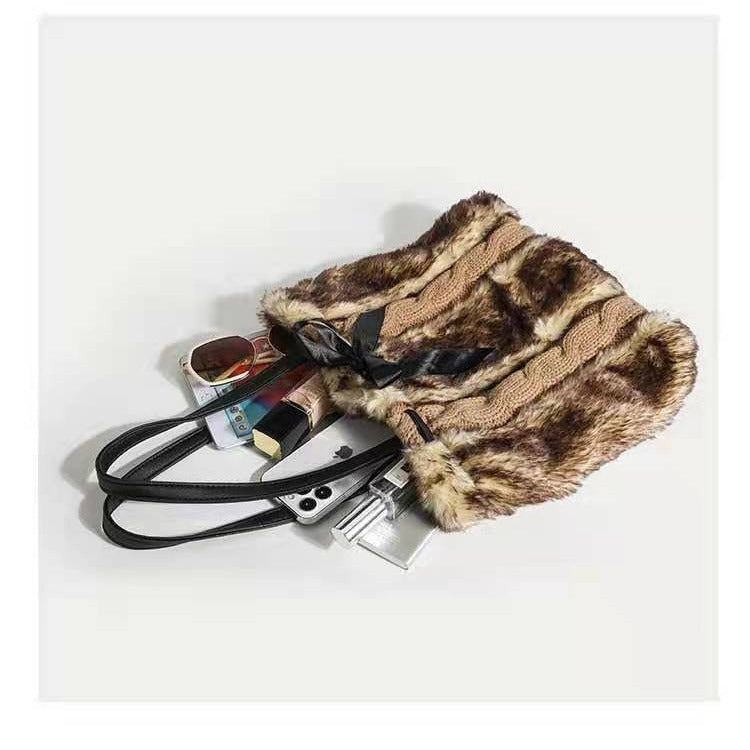 Leopard Knit Patchwork Plush Shoulder Tote Bag