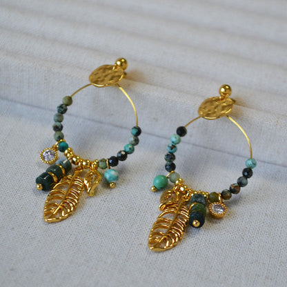 Turquoise Hoop Tassel Leaf Drop Stud Earrings