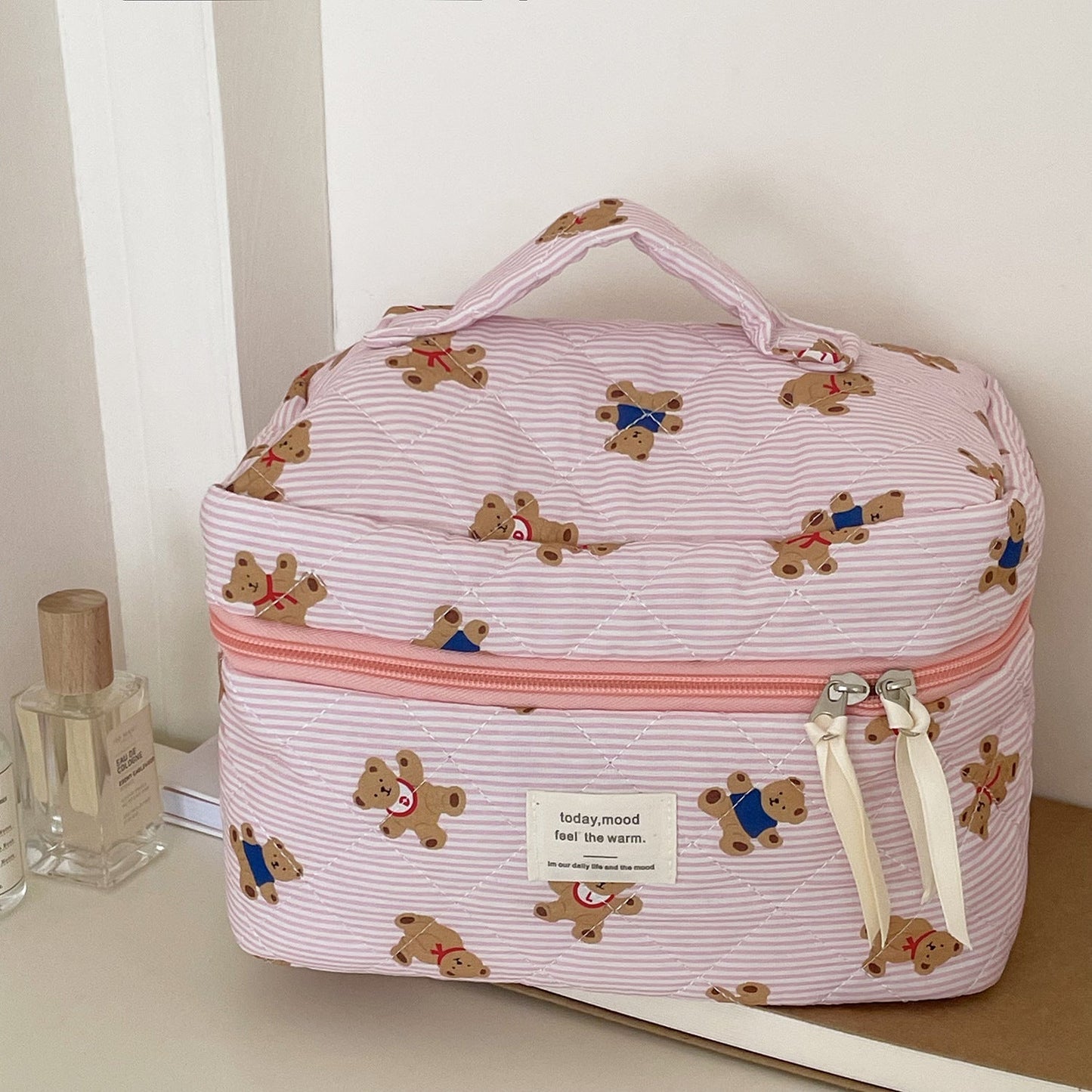 Cute Bear Print Striped Make Up Bag