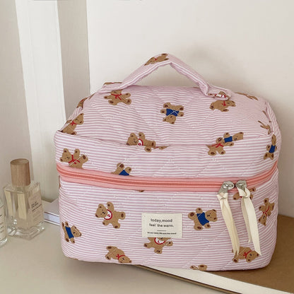 Cute Bear Print Striped Make Up Bag