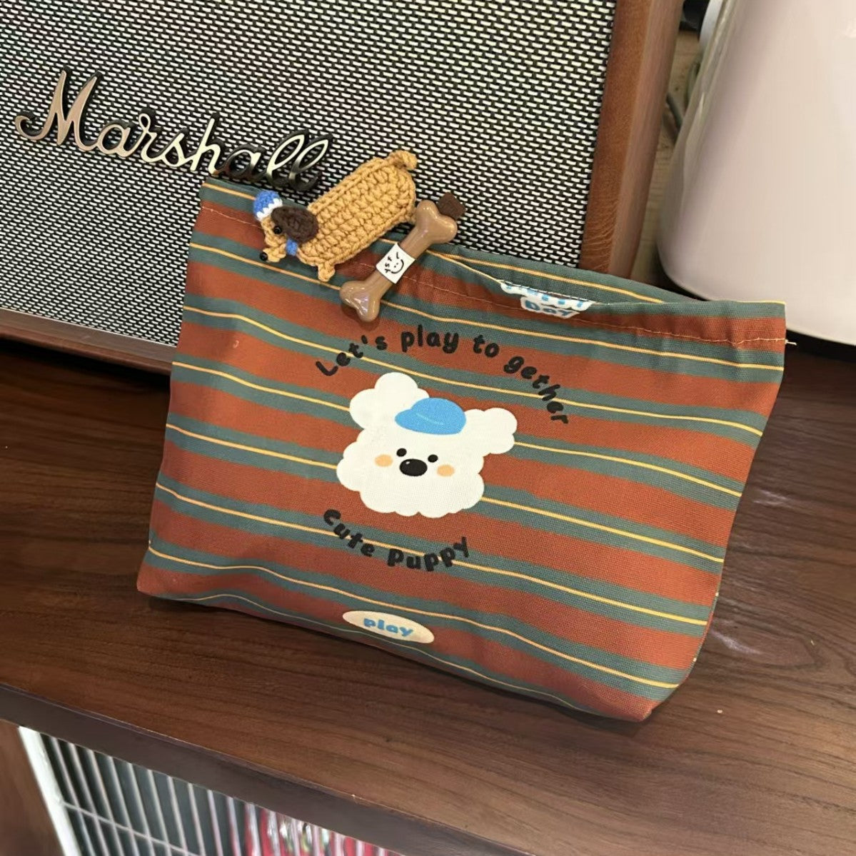 Cute Striped Puppy Portable Makeup Bag
